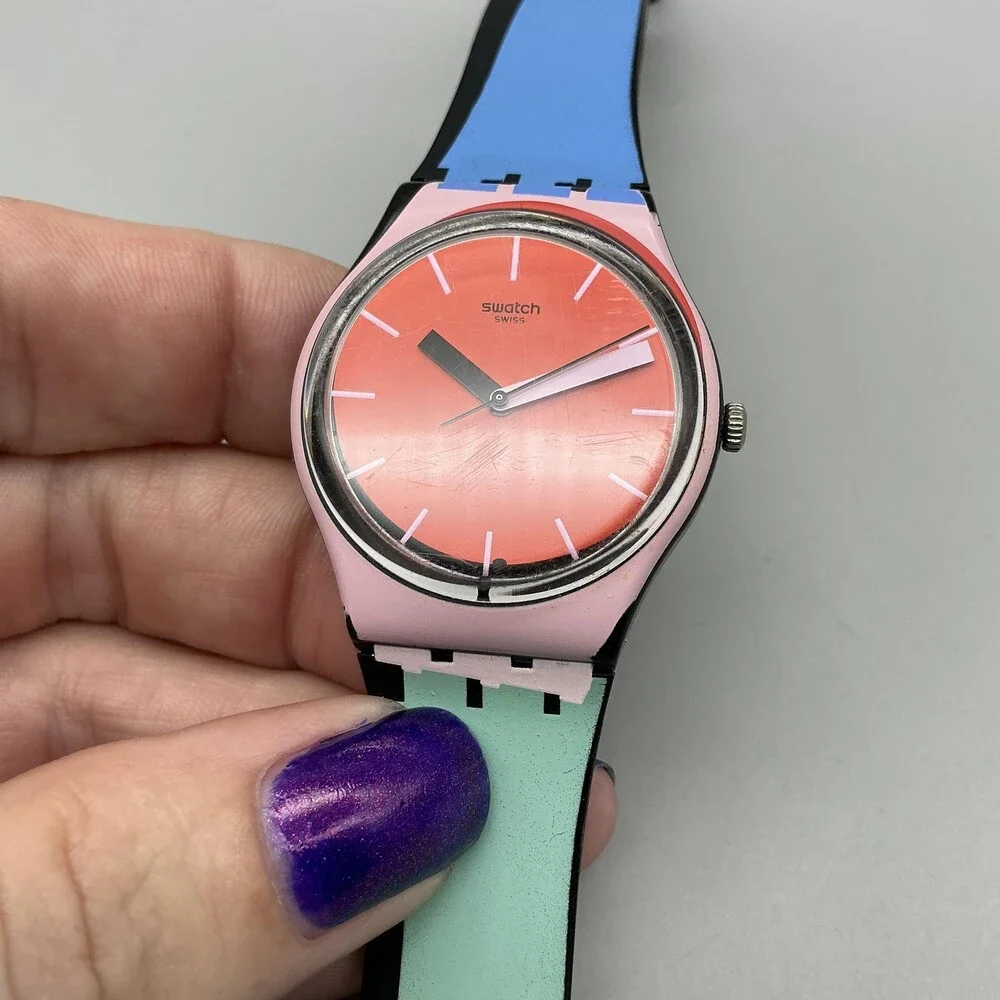 Swatch A COTE GB286 Womens Watch 34mm Orange Dial Pink Case Rubber New Battery